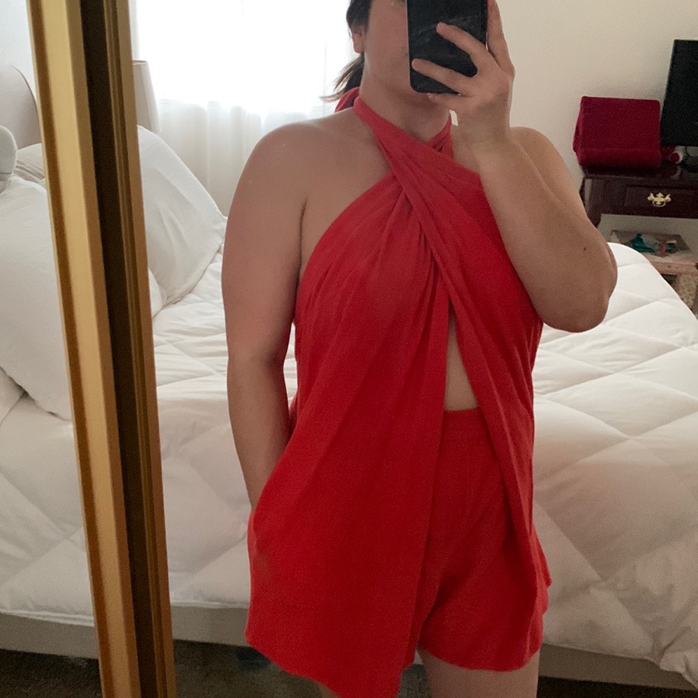 Free People Red Linen Halter Romper
